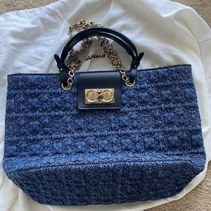 Ferragamo Large Gancini Galore Tote Bag In Denim